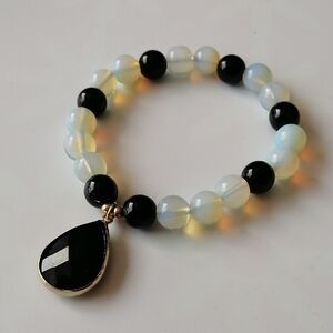 🔥SALE🔥Handmade Opalite Tourmaline Stretch Beaded Bracelet Black Glass Charm